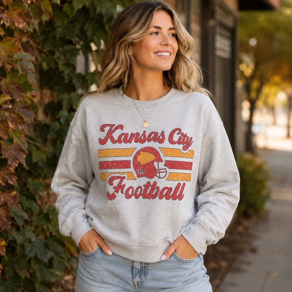 Kansas City Football Crewneck Sweatshirt Heather Gray Vintage Style Graphic L